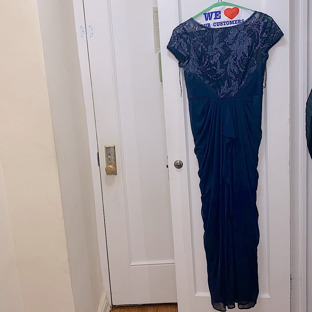 Navy sequenced gown with ruffles